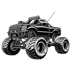 Detailed black and white illustration of a powerful monster truck with oversized tires and a robust chassis © GDMala02