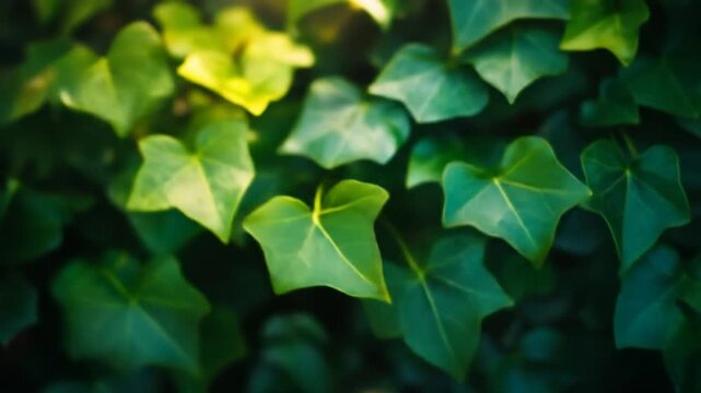 Green ivy leaves illuminated by sunlight close up view natural background