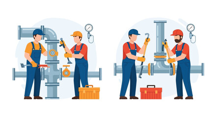 Plumbing professionals working on pipe systems with tools and safety equipment