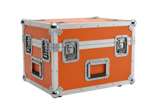 detailed close-up of a heavily worn, safety orange professional flight case (road case) with steel ball corners and robust latches, isolated high-key. Concept of extreme industrial dependability