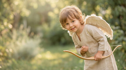 Modern Cupid child with angel wings holding bow in playful pose against softly blurred natural background with dreamy golden sunlight