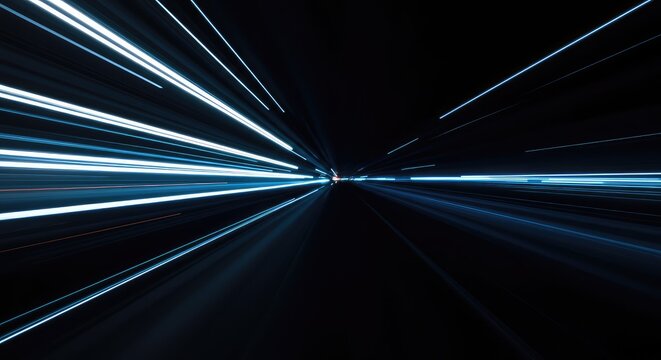 Abstract dark background with dynamic white and blue light streaks simulating high speed and forward motion effect ,blur ,pattern ,tunnel