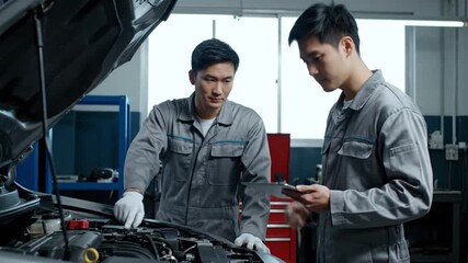 Two skilled Asian mechanics using a tablet for car engine diagnostics and repair