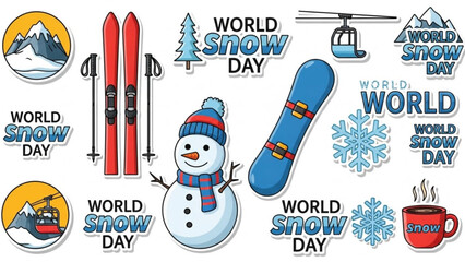 World snow day stickers with snowman, skis, snowboard, and winter elements on white background © Aaa