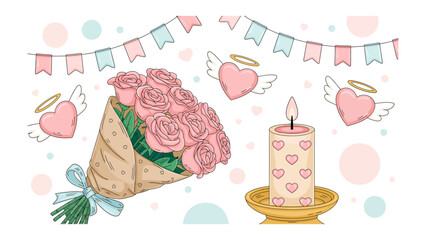 Romantic Floral Arrangement with candle and hearts: A charming illustration featuring a bouquet of roses, along with hearts adorned with wings and a candle, all conveying a sense of love, affection.
