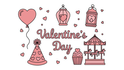 Valentine's Day Decorations: An array of adorable pink themed Valentine's Day decorations. Featuring a balloon, cupcake, carousel, lanterns and party hats, all around the words Valentine's Day.