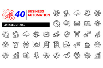 business icons set,
Business Automation Line Editable Icon Set &ndash; Process, Optimization, Robotic Integration, Business Model, Editable Stroke Vector Illustration