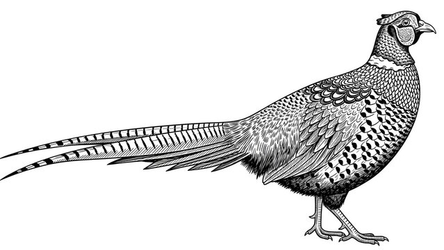 Highly detailed vintage style black and white engraving illustration of ring necked pheasant standing with long tail feathers