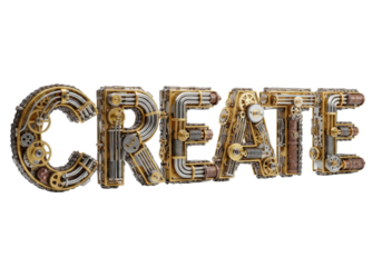 photorealistic macro shot of intricate 3d 'create' typography constructed from polished steampunk brass gears and oxidized mechanisms against a clean white studio background, concept of industrial