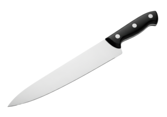 close-up of a professional, sharp, full-tang stainless steel carving knife with a black composite handle and metal rivets, isolated on a brilliant white studio background. Concept of precise culinary