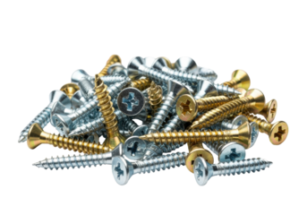 assorted silver and gold slotted wood screws piled randomly, macro product photography on a clean white backdrop with bright high-key lighting, shallow dof. concept of industrial craftsmanship