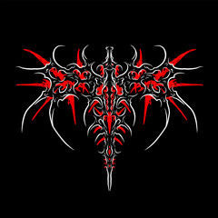 Symmetrical abstract tribal sigilism dragon with sharp organic lines in red and white vector, dark gothic style for streetwear graphics, posters, and tattoo art