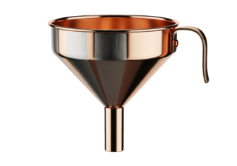 close-up macro view of a classic copper kitchen funnel with vivid brushed texture and dark brass handle, isolated against a seamless white background. concept of timeless elegance