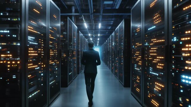 Tech corridor: a professional in a dark suit walking through a data center with illuminated server racks