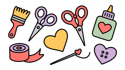 Crafting Essentials: A vibrant collection of crafting tools and supplies, perfect for creative projects, including scissors, a paintbrush, heart-shaped embellishments, and more.