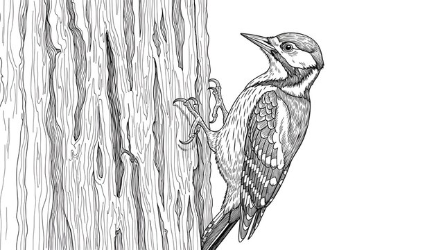 Woodpecker clinging to textured tree bark in detailed black and white vintage engraving style nature drawing