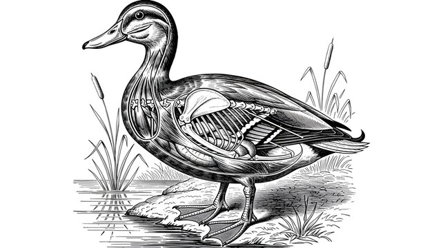 Anatomy drawing of a duck showing internal skeleton and organs in wetland scene
