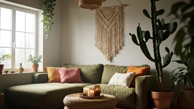 Cozy Bohemian Living Room with Green Sofa, Cacti, and Macrame Wall Art