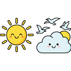 Obraz premium Cute Cartoon Sun Cloud Birds Weather Elements Illustration.