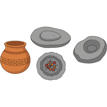 Ancient Clay Pot and Stone Tools for Grinding and Processing.