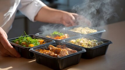 Professional chef arranging a variety of steaming healthy meals in black takeaway containers ready for convenient delivery and meal prep services