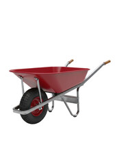 meticulously clean industrial wheelbarrow with a crimson red tray and hardwood grips, high-key studio shot on a pure white background with copy space. concept of heavy-duty utility