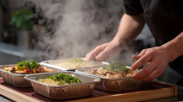 Chef carefully arranges steaming hot food portions in compartmentalized aluminum containers for takeout or delivery service