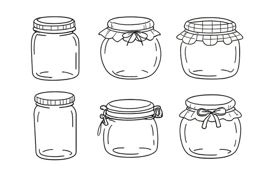 Set of six hand-drawn jars with lids
