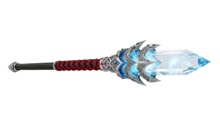 highly detailed horizontal ceremonial spear artifact featuring a luminous azure crystal head encased in platinum filigree on dark obsidian wood, studio white background. concept of advanced fantasy