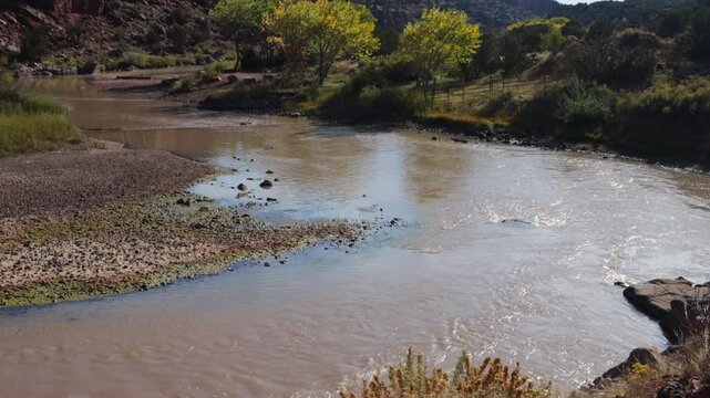 View of the scenic R&iacute;o Chama, or Chama River, as it flows through its canyon below Abiquiu Dam in northern New Mexico, USA