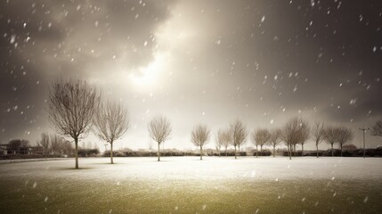 scenic winter morning with soft pastel colors frosty trees and falling snowflakes