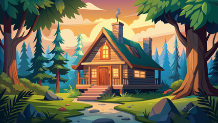 A rustic log cabin nestled in a lush, forested environment with tall trees and dense vegetation surrounding it. The cabin has a warm, glowing light emanating from the windows, creating a cozy and...