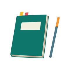 A closed book with bookmarks and a pen. A notebook for notes, a notepad. Fiction, a school textbook, a sketchbook. Hand-drawn, isolated vector illustration.