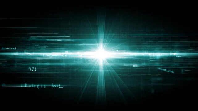 An abstract image featuring a bright, central light source with emanating rays and streaks. Digitally rendered, with a cool teal and black palette