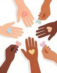 Diverse hands sharing pastel hearts, unity and inclusion concept, flat lay top view with copy space on white background
