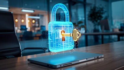 Cybersecurity Data Protection Concept with Digital Lock and Encryption Key on Laptop in Modern Office
