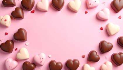 Fototapeta premium Valentine's Day pink background, heart-shaped chocolates, empty space in the middle, top view.