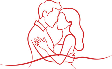 Romantic red line art illustration of a loving couple embracing in a tender moment showing deep affection and connection