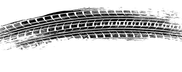 Tire track. Tyre mark of car, bike, motorcycle with grunge effect on white background. Wheel footprint, road element, dirty rubber protector pattern. Realistic vector illustration.