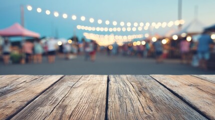 Obraz premium food stalls illuminated with string lights at bustling evening market rustic wooden tables in the foreground