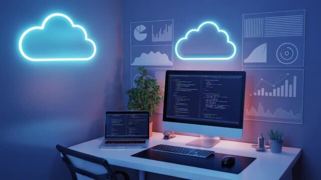 Cloud computing concept with neon cloud sign and computer workstation displaying code and data analytics graphics.