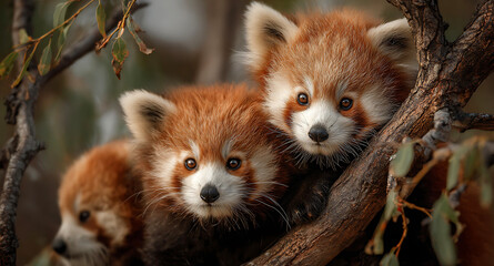 Close up portrait of inquisitive red panda cubs peering down from a leafy tree branch