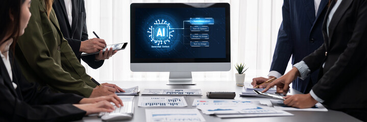 Panorama shot analyst team utilizing BI Fintech to analyze financial report with laptop. Businesspeople analyzing BI data dashboard displayed on laptop screen for business insight. Prodigy