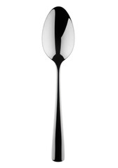 single polished silver stainless steel tablespoon, vertically centered, classic minimalist design, macro studio product shot on a seamless white background with copy space. concept for tableware