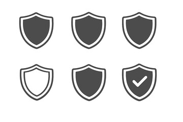 Set of six shield icons on a grey background