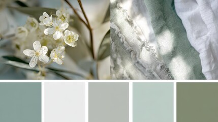a stylish mood board showcasing a chic color scheme of soft grey sage green and crisp white tones