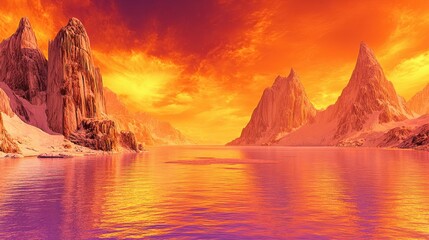 geometric landscape with triangular peaks and a vibrant evening sky