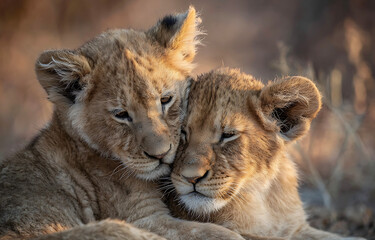 Tender moment between two lion cubs nuzzling each other with eyes closed in the warm sunlight