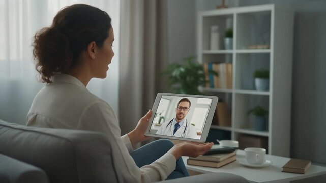 Adult woman in her home is talking to a medical doctor on her laptop - telemedicine and telehealth concept for virtual remote heatlhcare technology and patient satisfaction