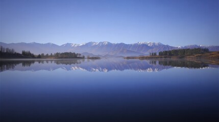 Fototapeta premium serene lake with majestic snowcapped peaks a picturesque lake glistens under the suns first light framed by towering snowcovered mountains in the distance